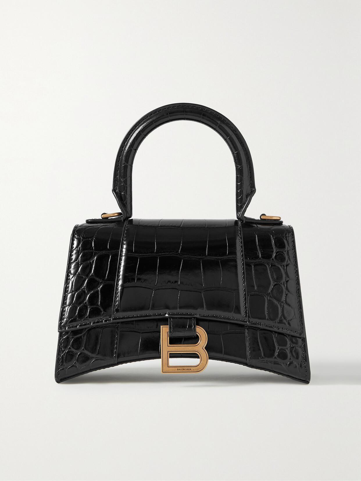 Hourglass Xs Croc-effect Leather Tote In Black Product Image