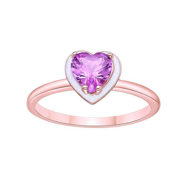 Gemminded 18k Rose Gold Over Silver Lab-Created Pink Sapphire with White Enamel Heart Ring, Womens Pink Tone Product Image