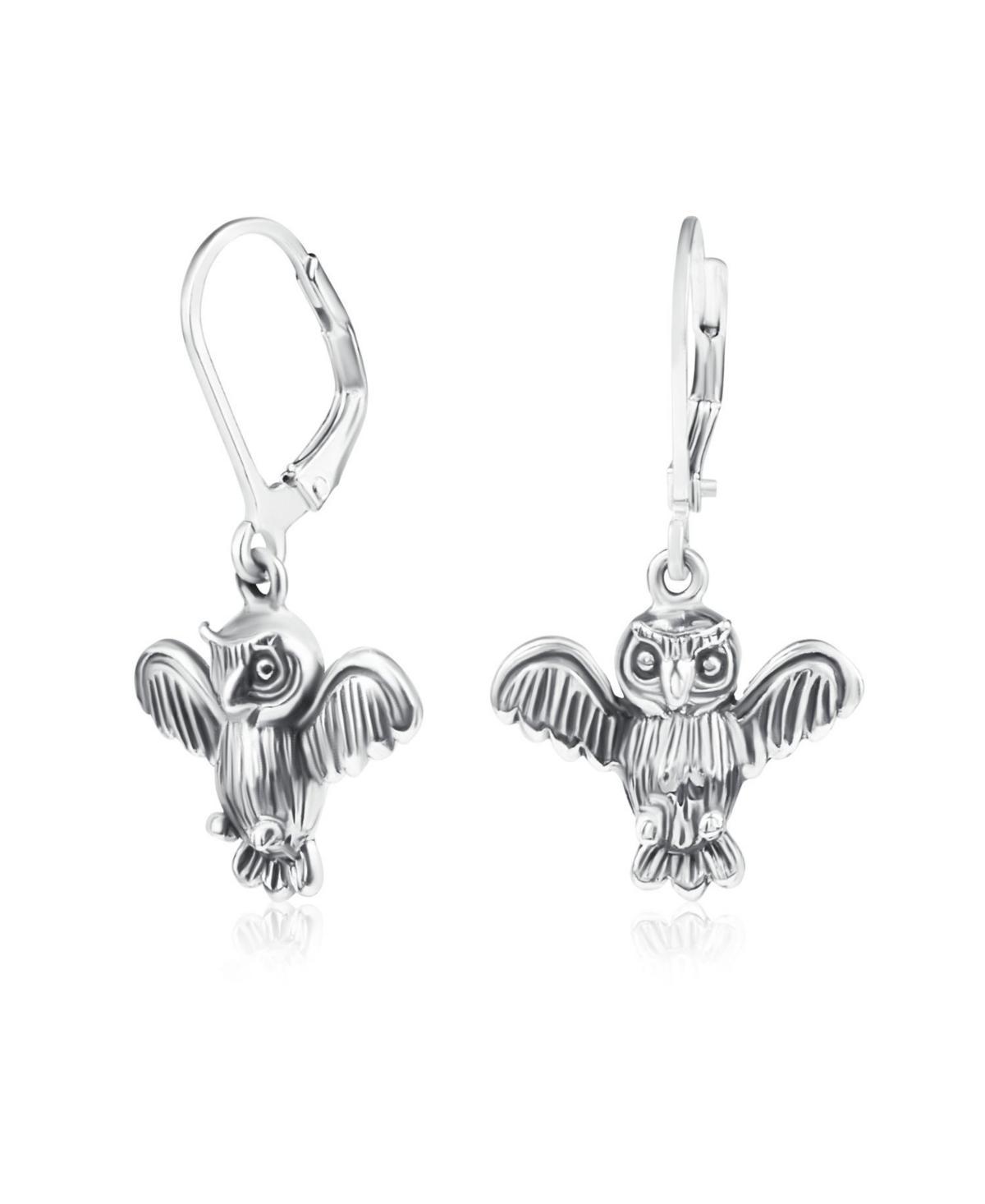 Bling Jewelry Flying Bird Animal Wise Graduate Dangling Owl Earrings For Women Oxidized .925 Sterling Silver Lever back Product Image