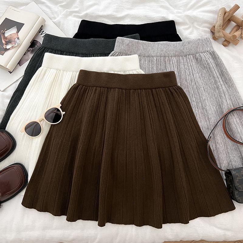 High Rise Plain Knit Mini Pleated A-Line Skirt Product Image