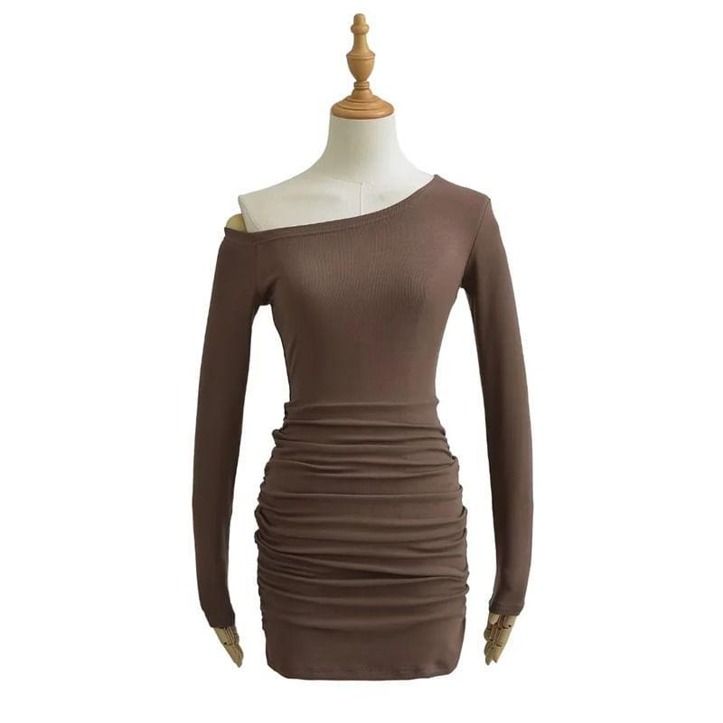 Long Sleeve One Shoulder Plain Ruched Mini Sheath Dress Product Image