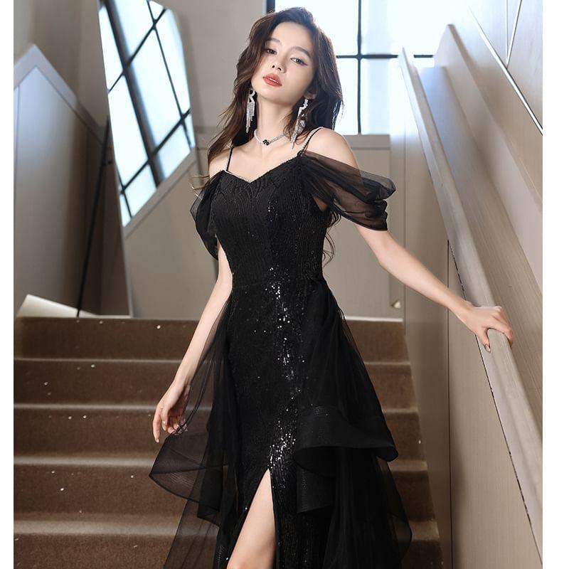 Short-Sleeve Cold Shoulder Plain Sequin Ruffle Slit Mesh A-Line Evening Gown Product Image