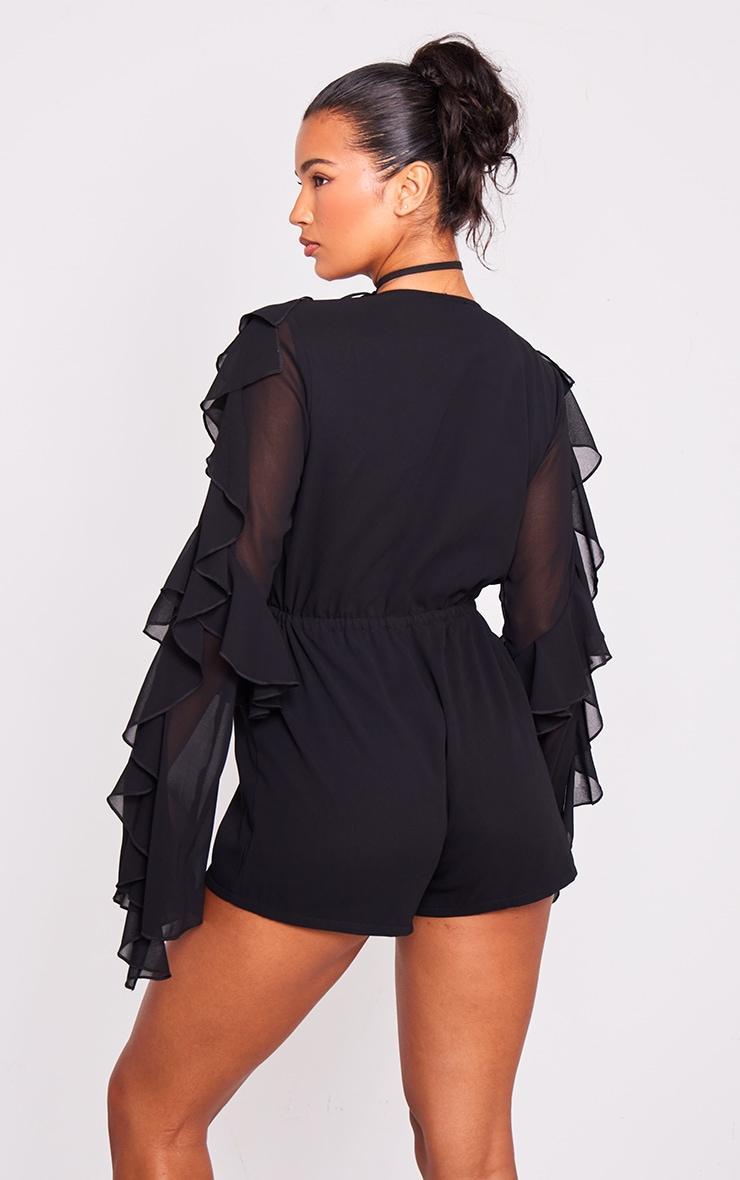 Black Ruffle Detail Long Sleeve Plunge Romper Product Image