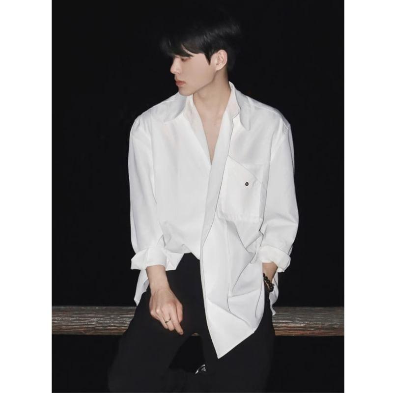 Long-Sleeve Plain Button-Up Shirt Product Image