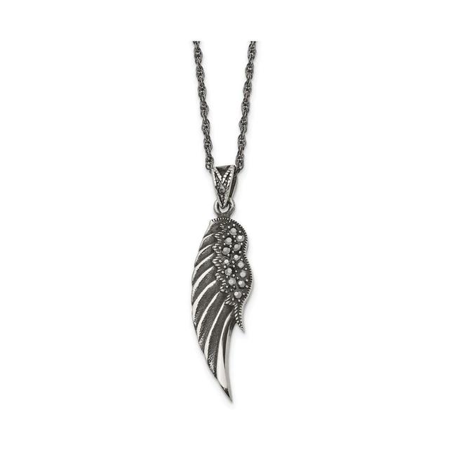 Mens Antiqued Stainless Steel Marcasite Wing Pendant Necklace White Product Image