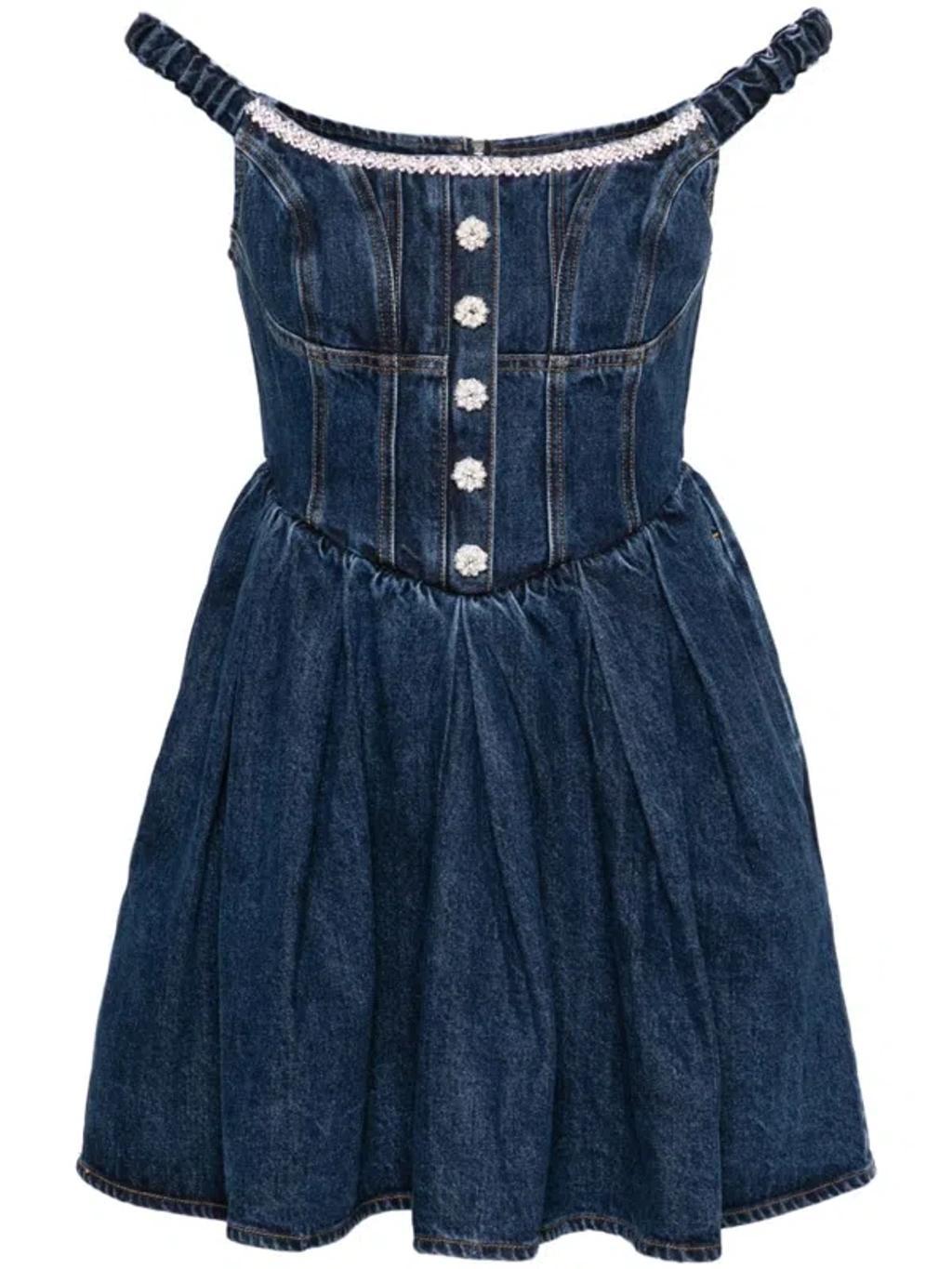 Crystal-embellished Denim Mini Dress In Blue Product Image