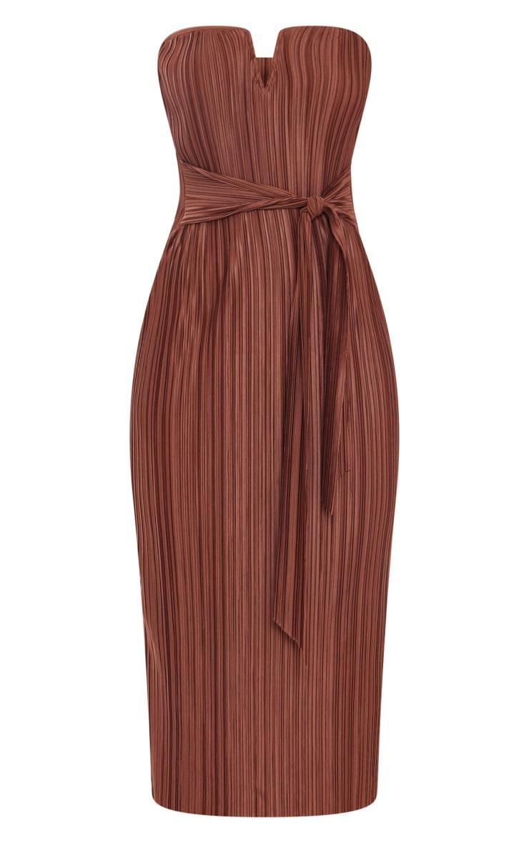 Chocolate Plisse V Bar Tie Waist Midi Dress Product Image