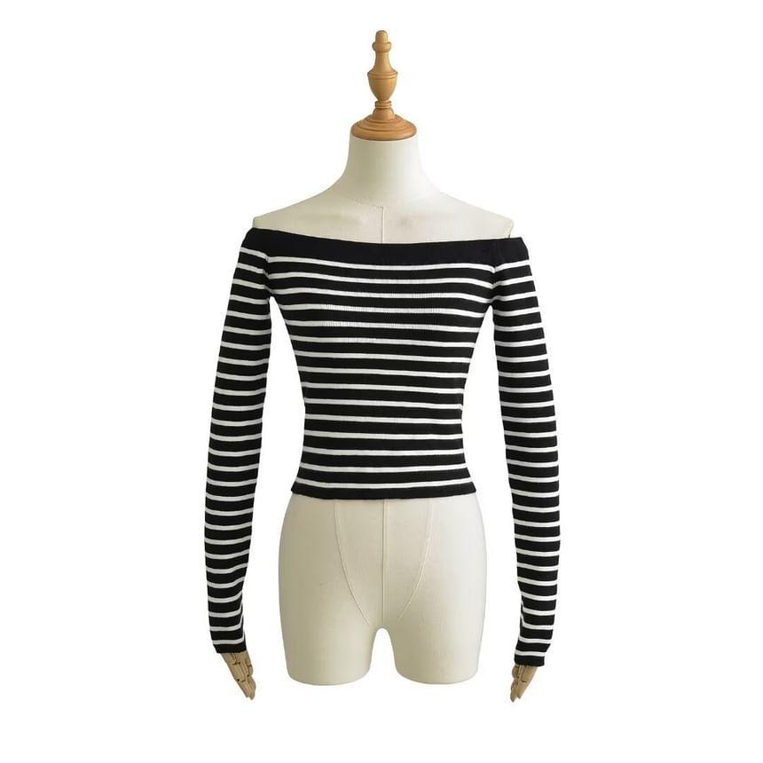 Long Sleeve Off Shoulder Striped Knit Top Product Image