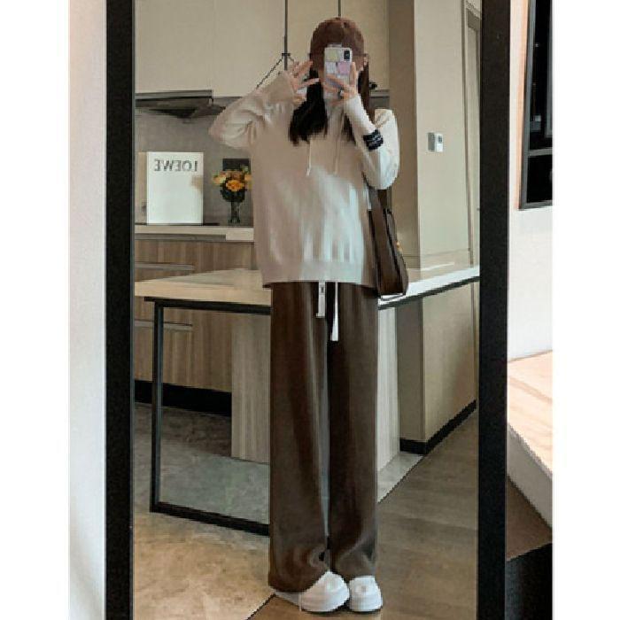 Drawstring Waist Plain Wide Leg Pants Product Image