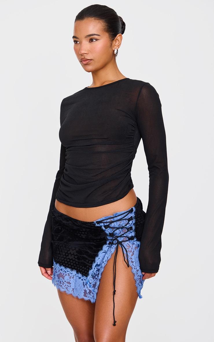 Black Devore Lace Trim Tie Front Detail Mini Skirt product image