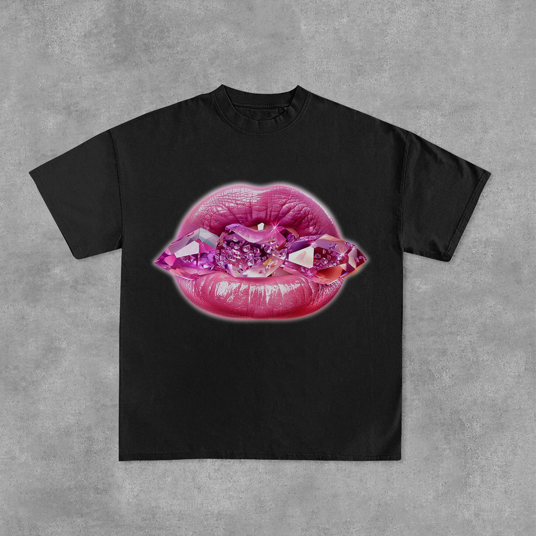 Sexy Jeweled Lips Print Graphic Cotton Tees Product Image