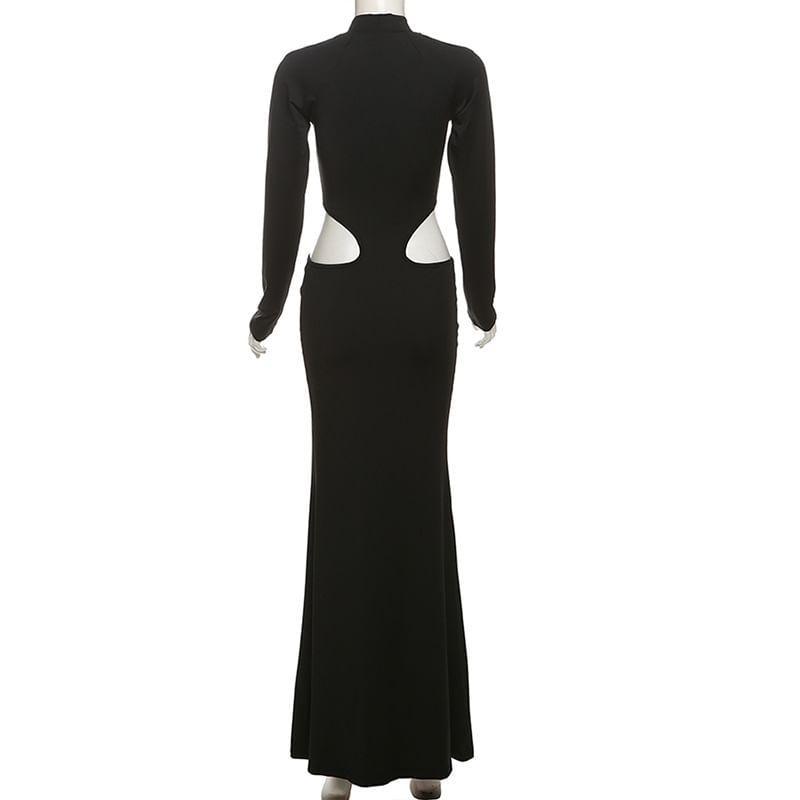 Long-Sleeve Plain Cutout Maxi Mermaid Dress Product Image