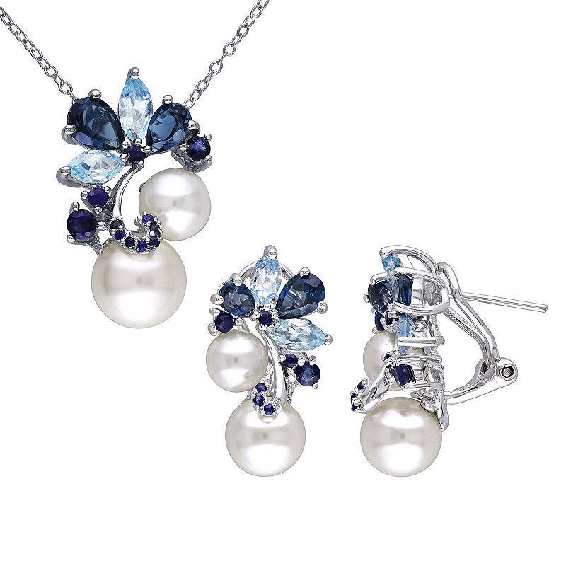 Stella Grace Sterling Silver Freshwater Cultured Pearl & Blue Topaz Pendant & Earring Set, Womens Product Image