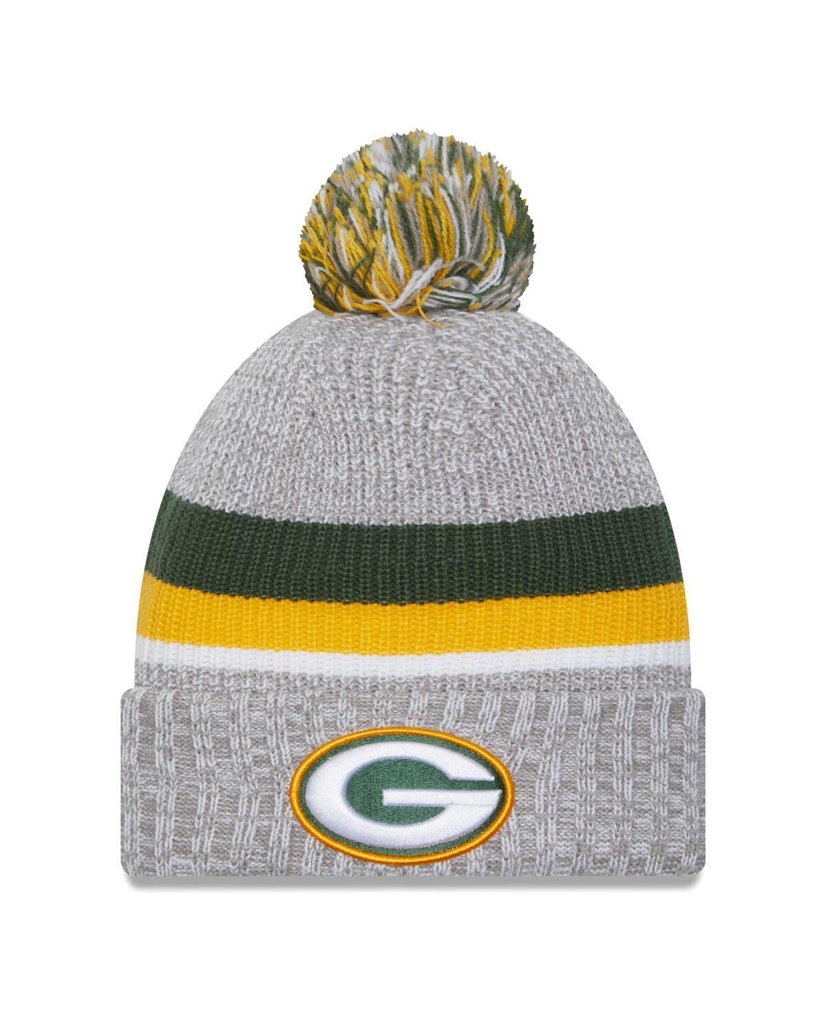 Mens New Era Heather Gray Green Bay Packers Cuffed Knit Hat with Pom Product Image