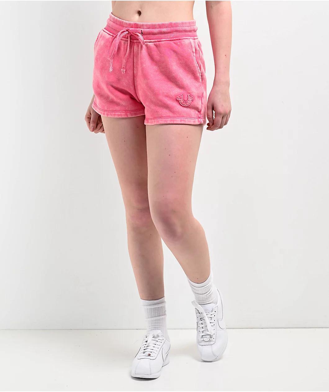 True Religion Acid Wash Big T Hot Pink Sweat Shorts Product Image