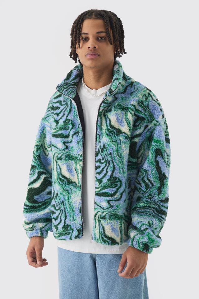 Mens Oversized Printed Borg Fleece Jacket In Blue, Blue Product Image