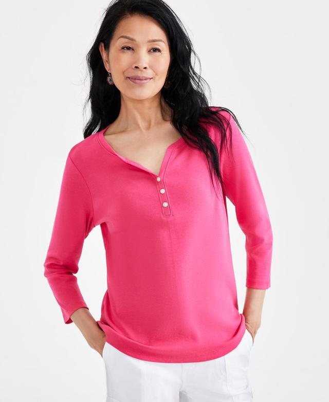 Style & Co Womens Cotton 3/4-Sleeve Henley Tee, Created for Macys Product Image