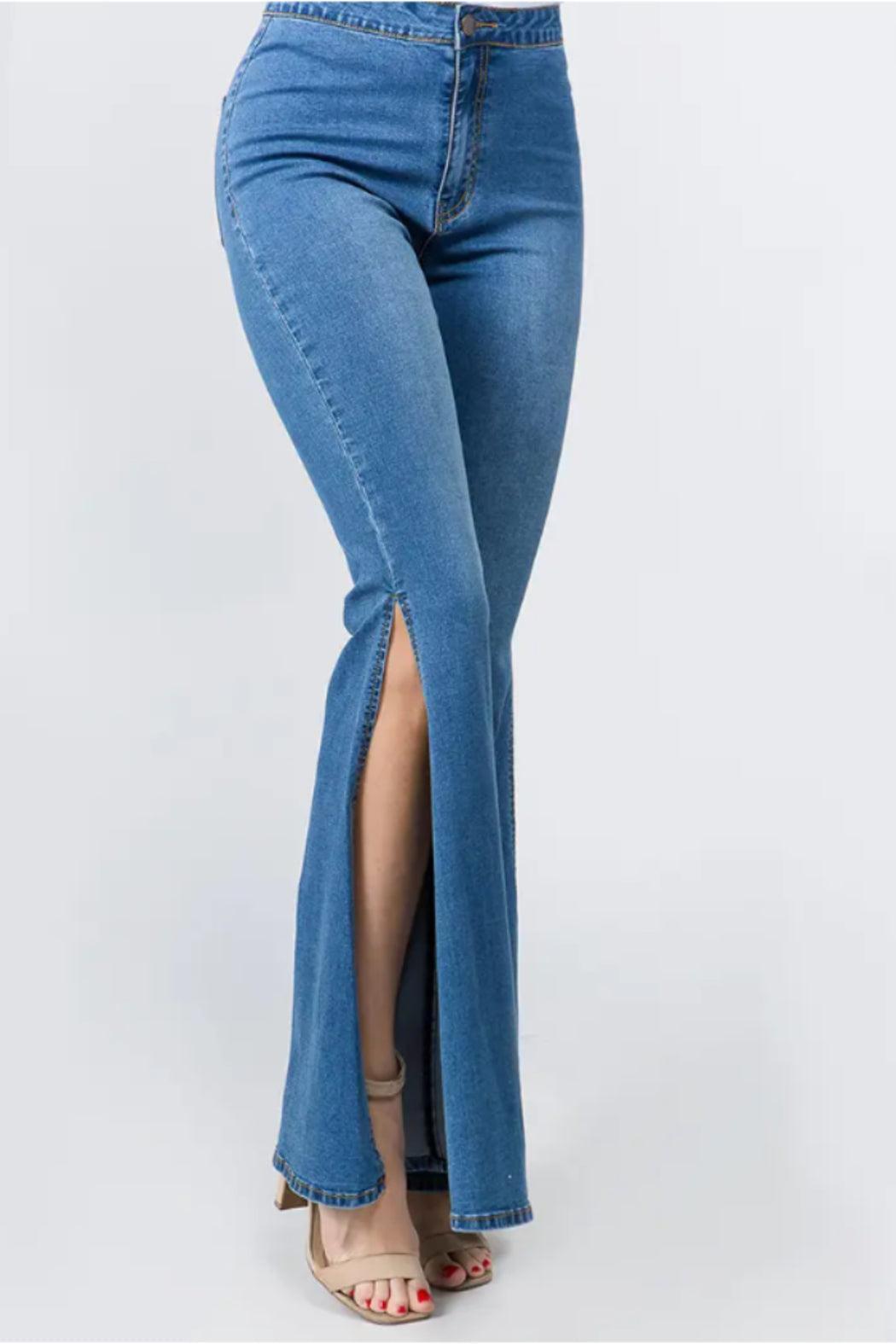 Plus Size High Waist Bell Bottom Slit Denim Jeans Product Image