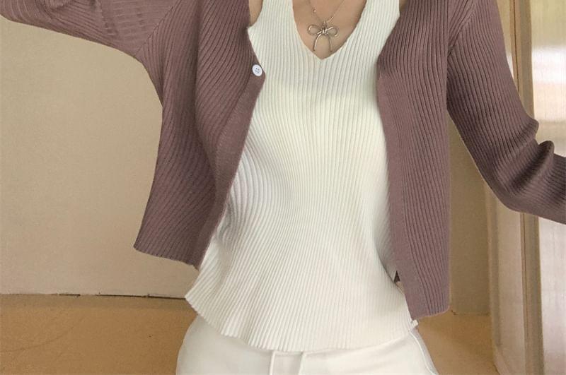 Mock Two-Piece Long-Sleeve Halter Two Tone Ribbed Button Knit Top Product Image