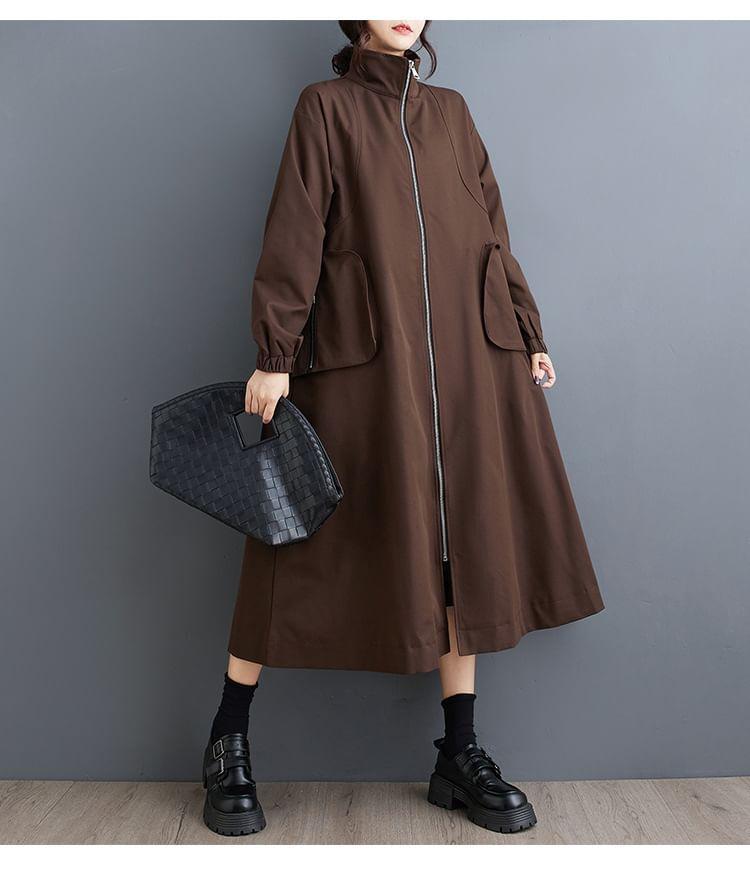 Stand Collar Plain Zip-Up Long Trench Coat Product Image