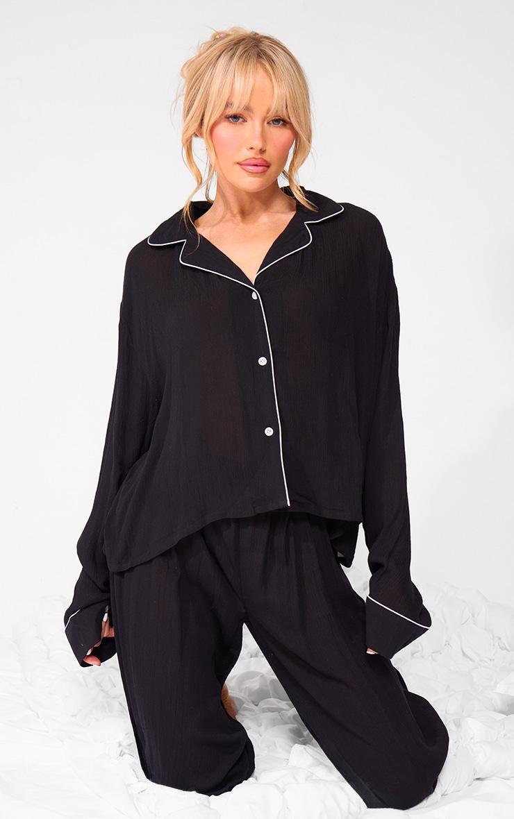 Black Crinkle Long Sleeve Shirt And Pant Pj Set Product Image