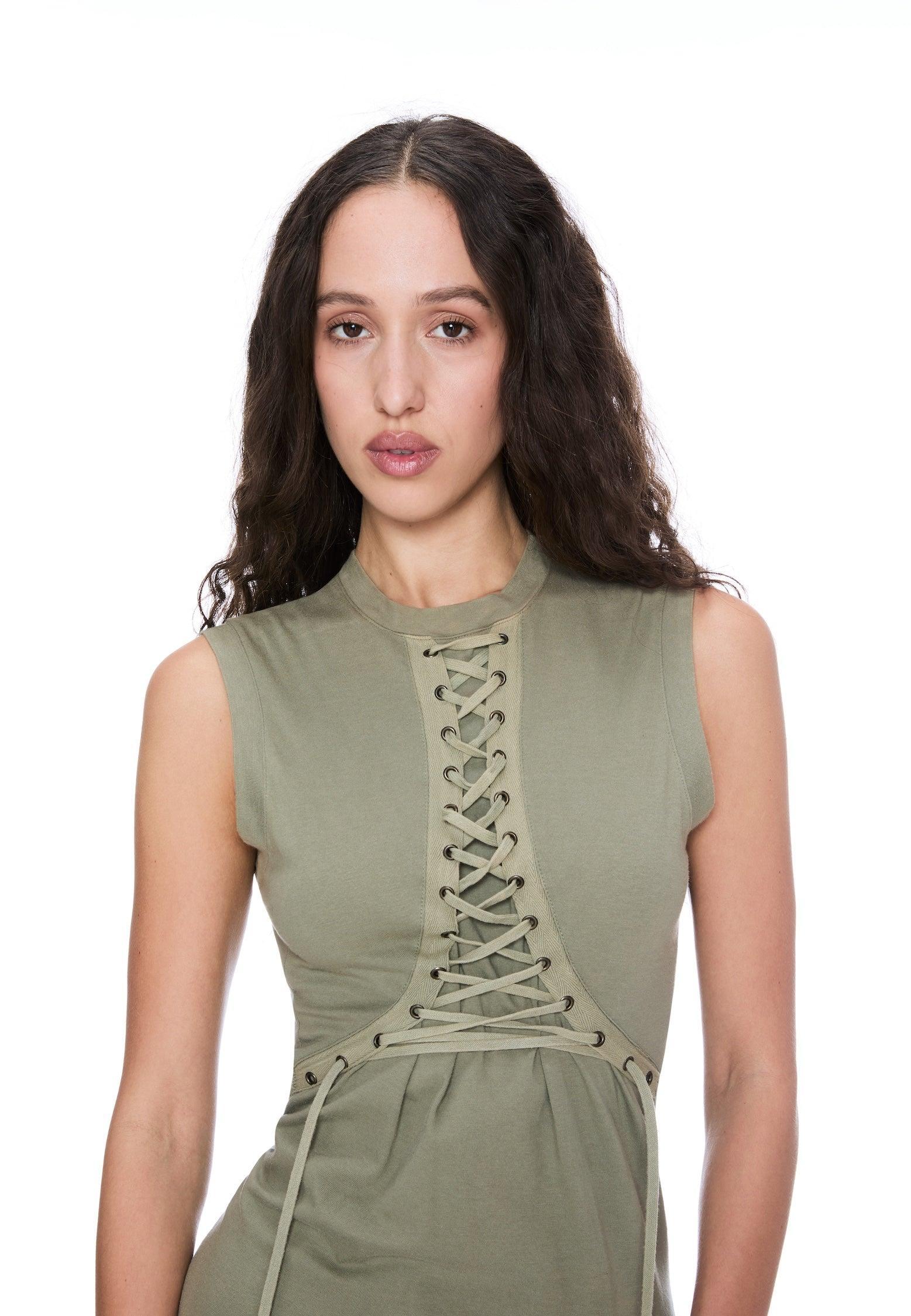 CHRISTIAN DIOR SLEEVELESS OLIVE LACE UP DRESS Product Image