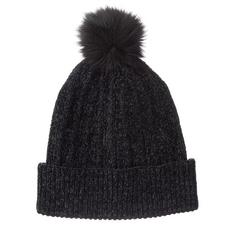 Womens isotoner Chenille Cuff Beanie Hat with Faux Fur Pom, Grey Product Image