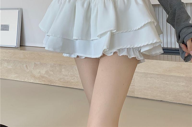 High Waist Plain Ruffled Mini A-Line Layered Skirt Product Image