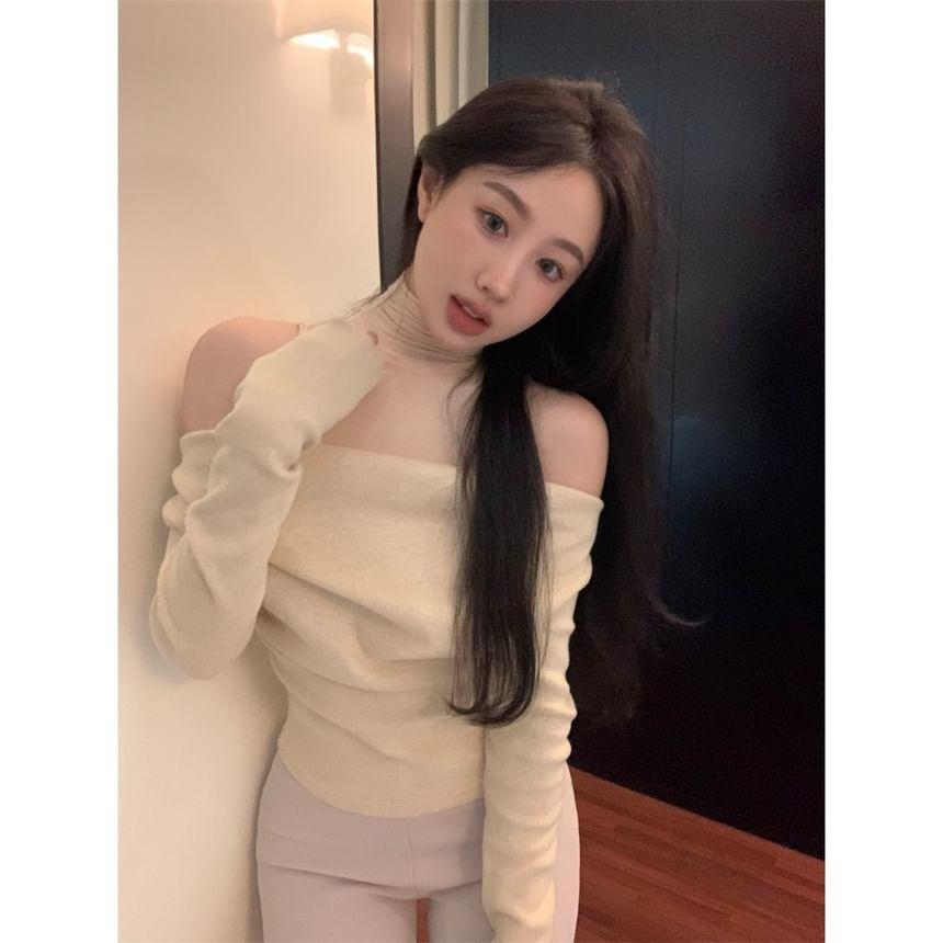 Long Sleeve Turtleneck Cold Shoulder Mock Two Piece Knit Top Product Image