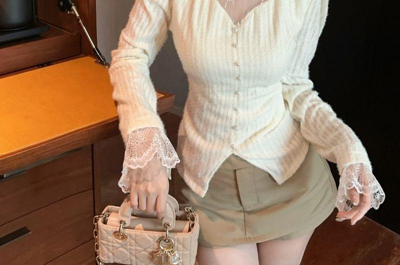 Long-Sleeve Mock Neck Lace Panel Button Ribbed Top Product Image