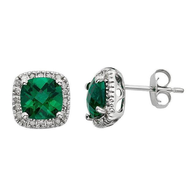 Lab-Created Emerald & 1/6 Carat T.W. Diamond 10k White Gold Halo Button Stud Earrings, Womens, Green Product Image