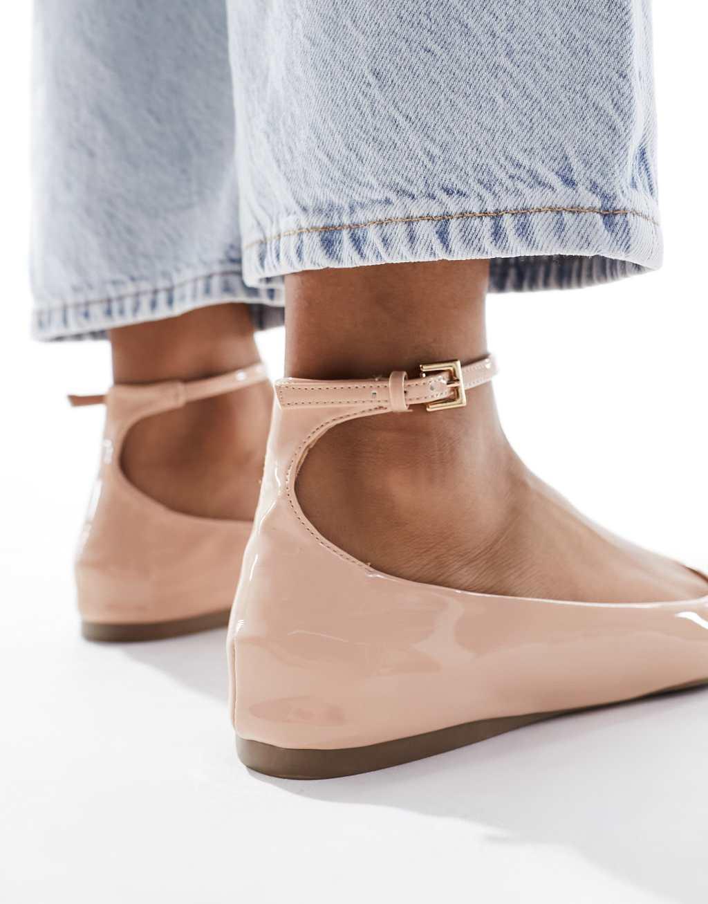 London Rebel ankle strap ballet shoes in pale pink Product Image