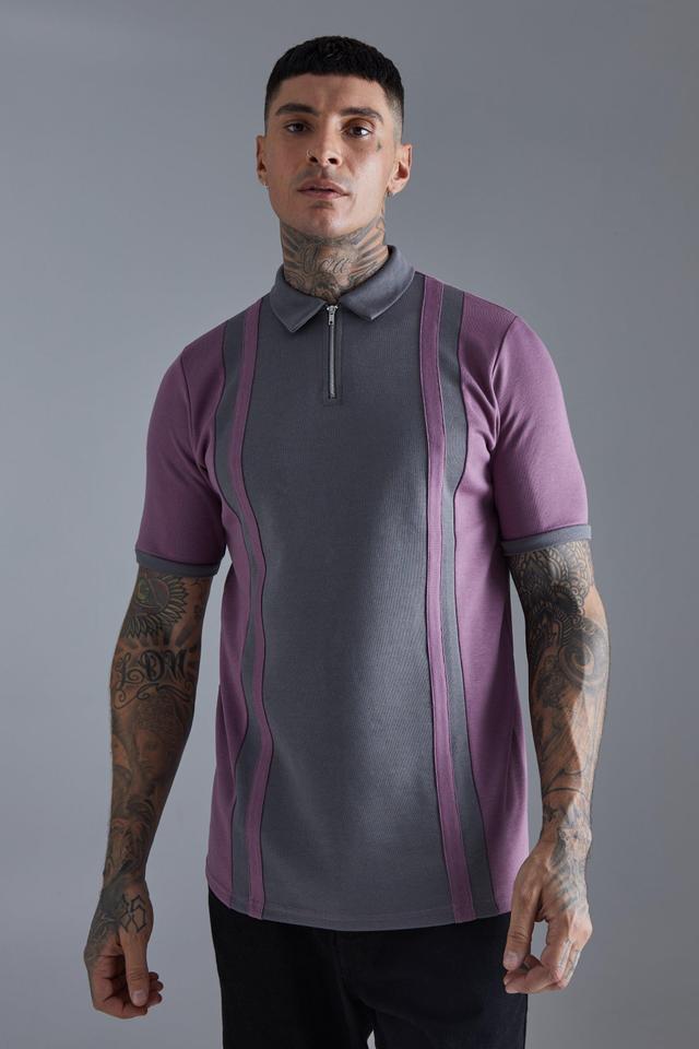 Tall Slim Panelled Zip Neck Interlock Polo | boohooMAN USA Product Image