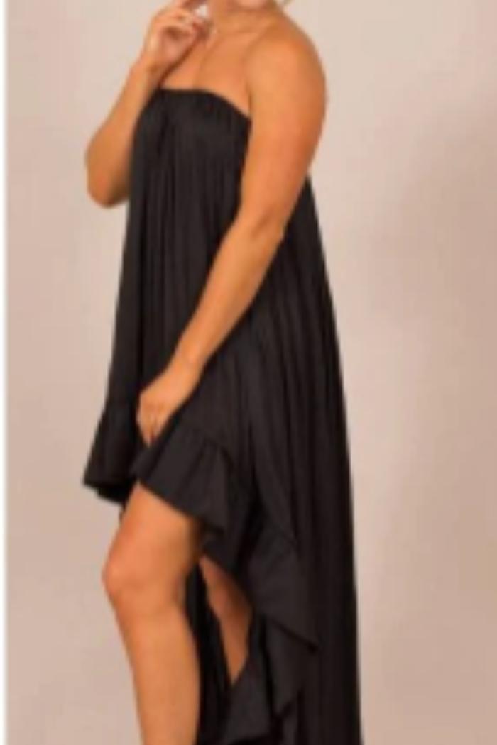 In Too Deep Satin Ruffle Strapless Dress- BLACK Product Image