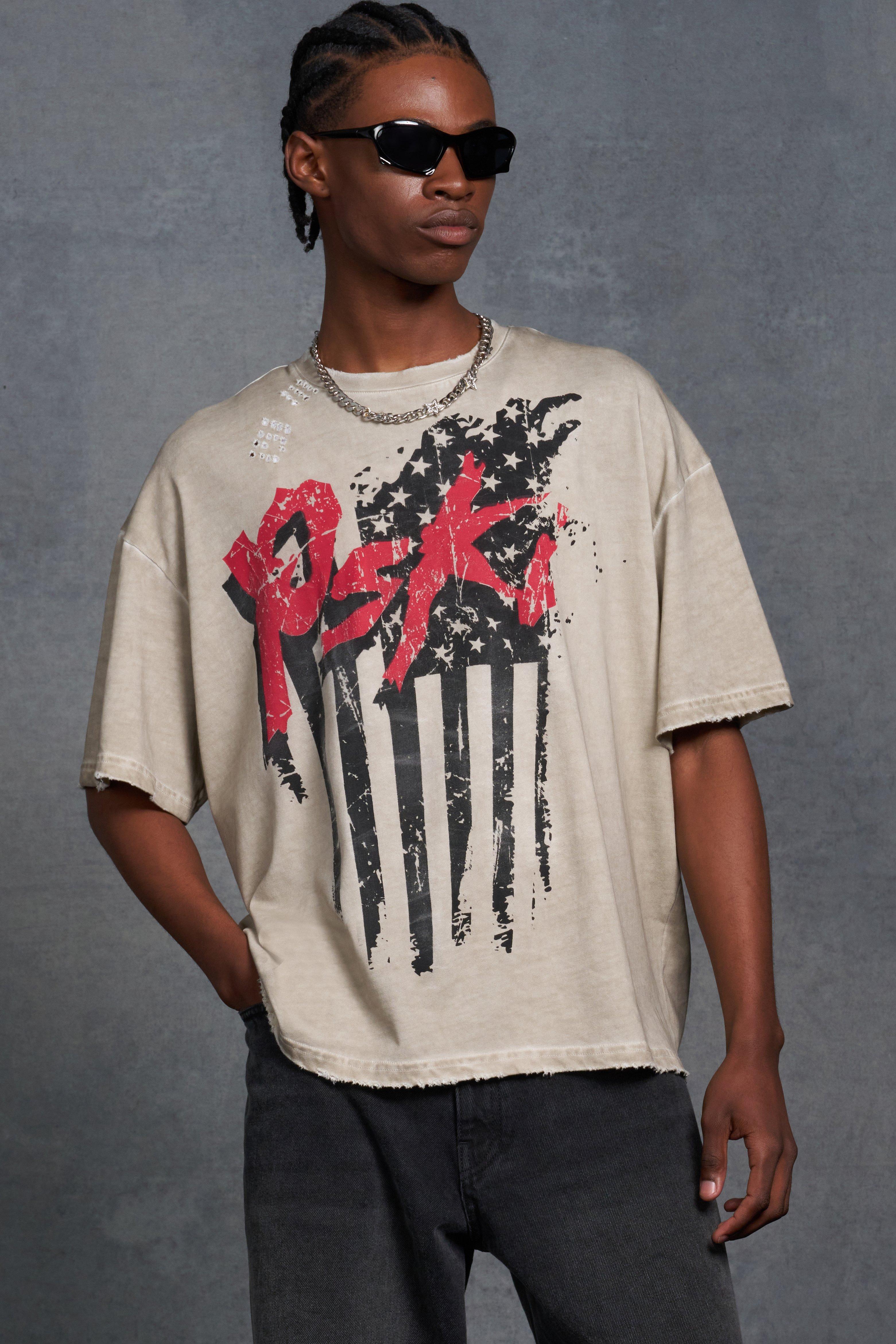 P-Star Oversized Boxy T-Shirt with Flag Print | boohooMAN USA Product Image