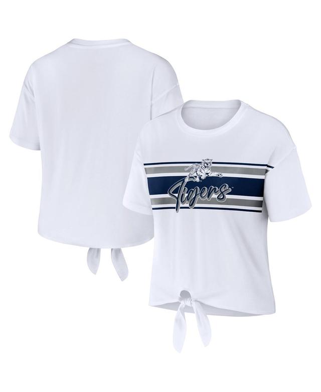 Womens Wear by Erin Andrews White Jackson State Tigers Striped Front Knot Cropped T-shirt Product Image