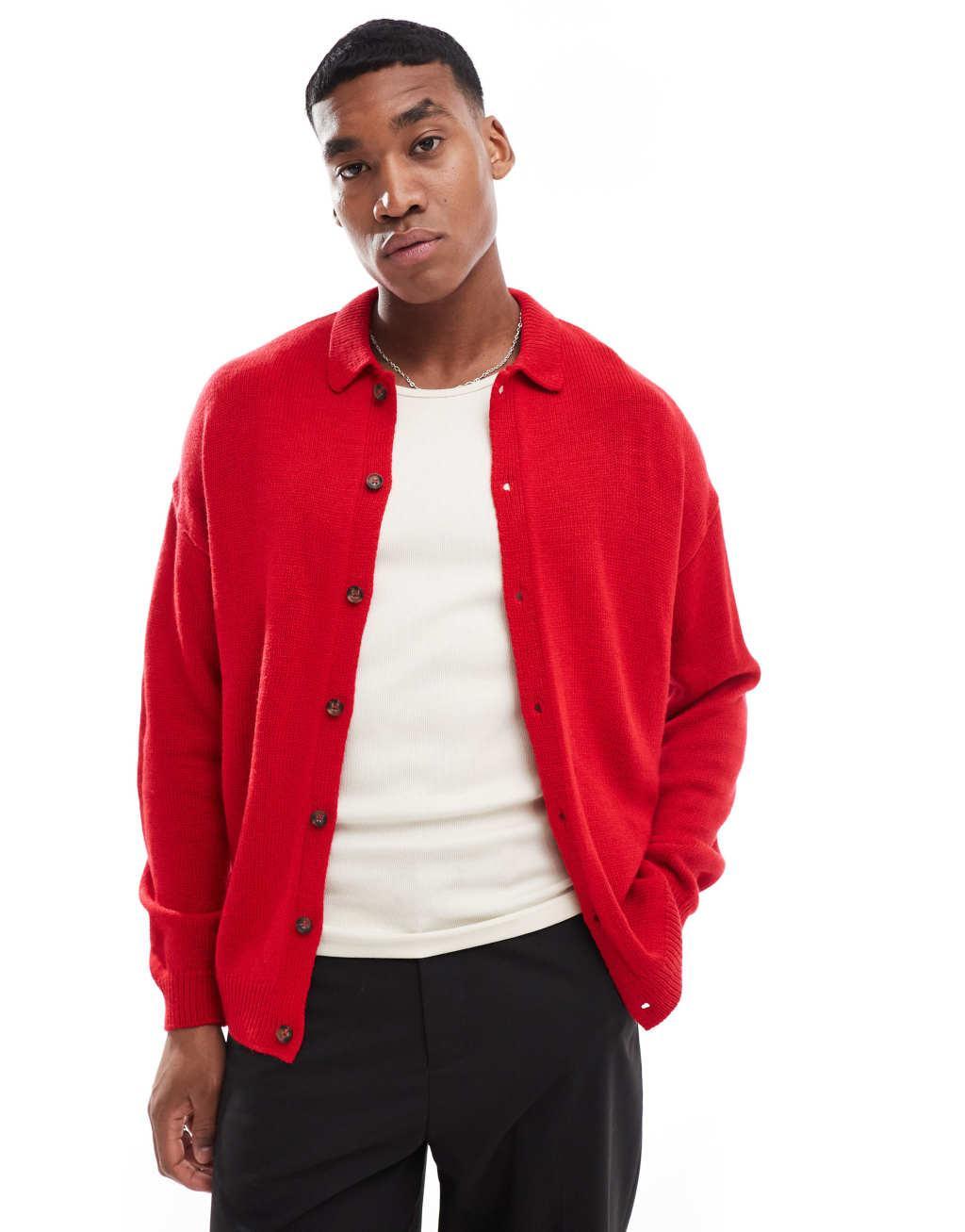 ASOS DESIGN relaxed boxy fit knitted cardigan with collar in red Product Image