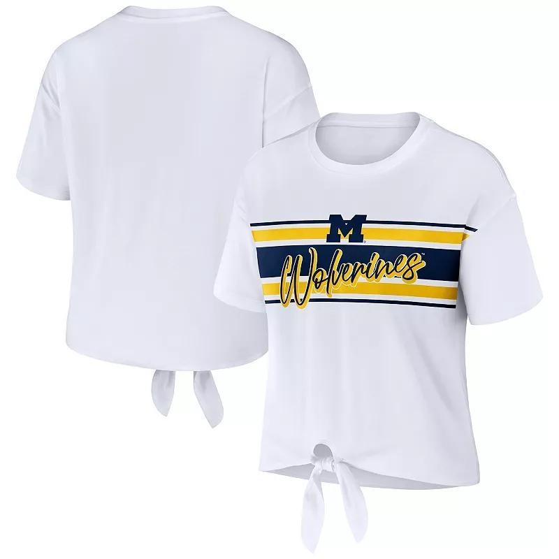 Womens WEAR by Erin Andrews Michigan Wolverines Striped Front Knot Cropped T-Shirt Product Image