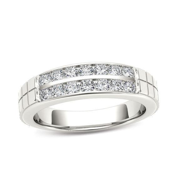 Men's 3/4 CT. T.w. Diamond Two Row Etched Wedding Band in 14K White Gold Product Image