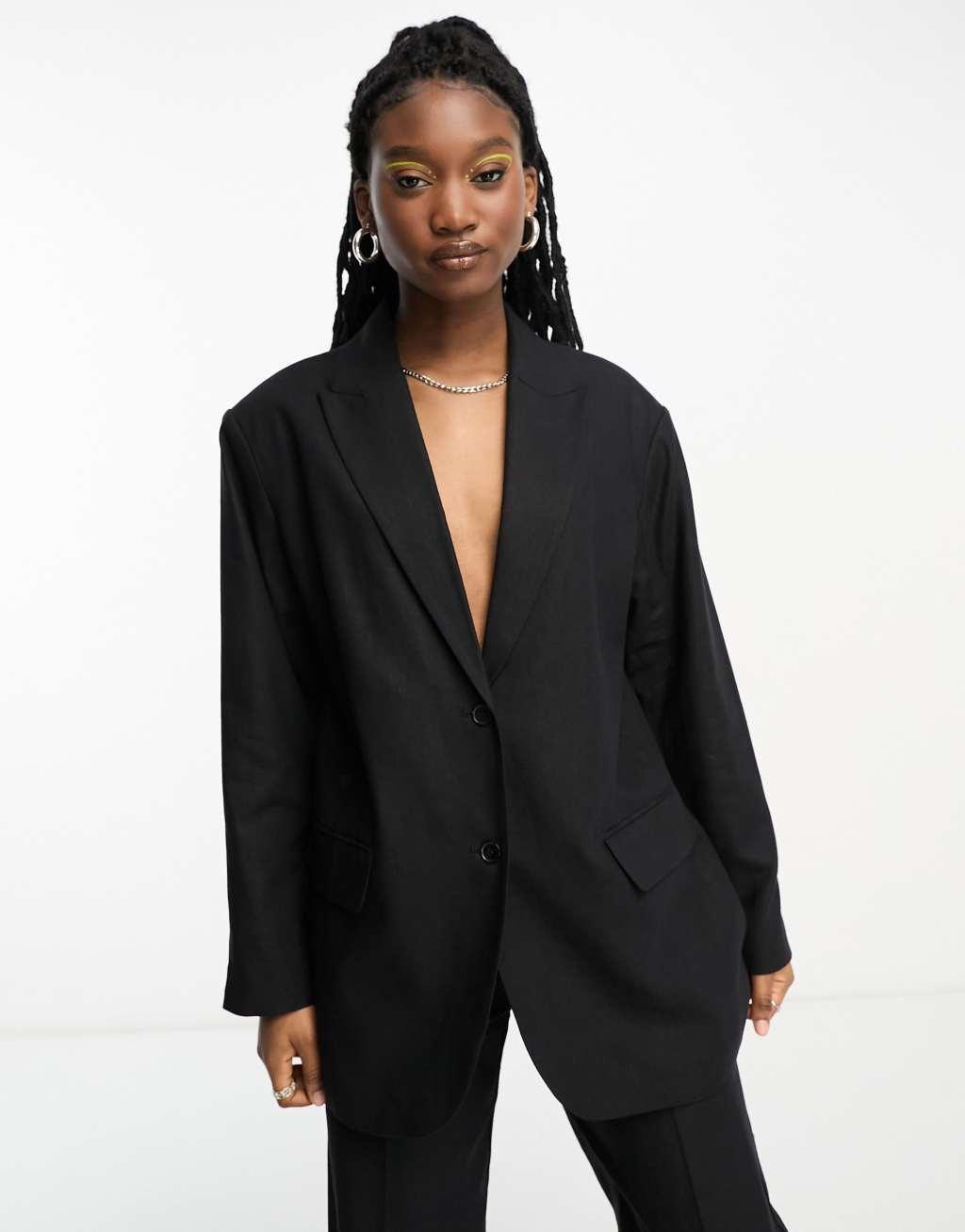 Weekday Liv linen mix blazer in black - part of a set Product Image