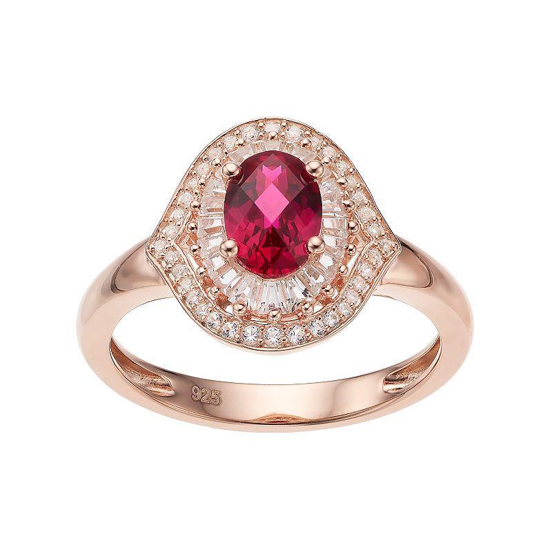 14k Rose Gold Over Silver Lab-Created Ruby & White Sapphire Oval Halo Ring, Womens Pink Tone Product Image