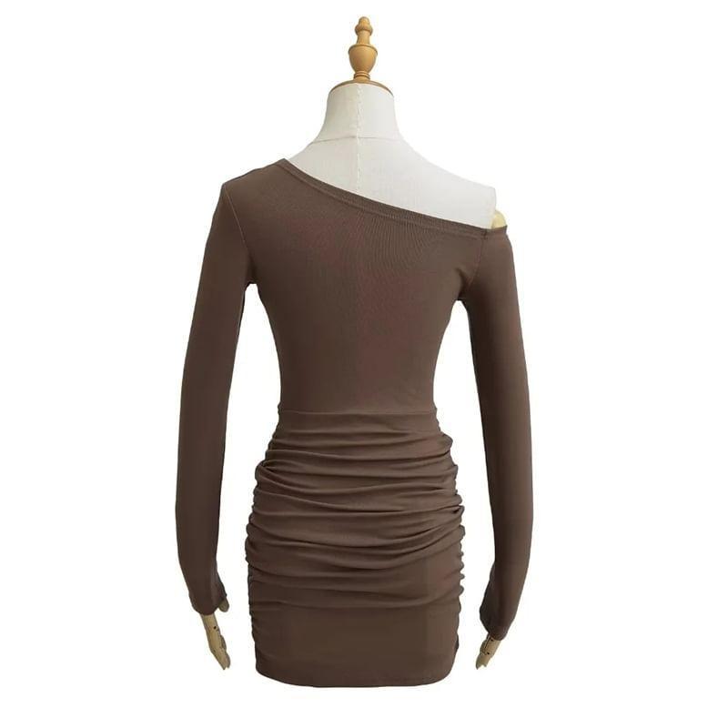 Long Sleeve One Shoulder Plain Ruched Mini Sheath Dress Product Image