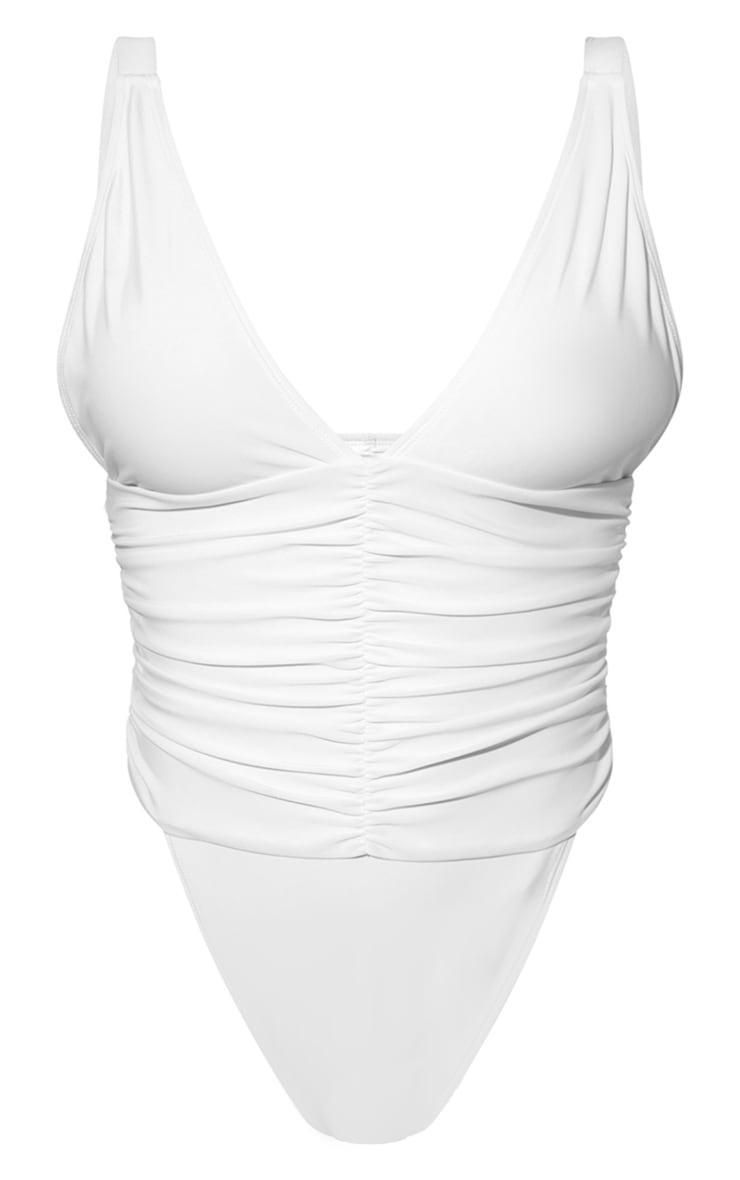 White Ruched Waist High Leg Plunge Swimsuit Product Image