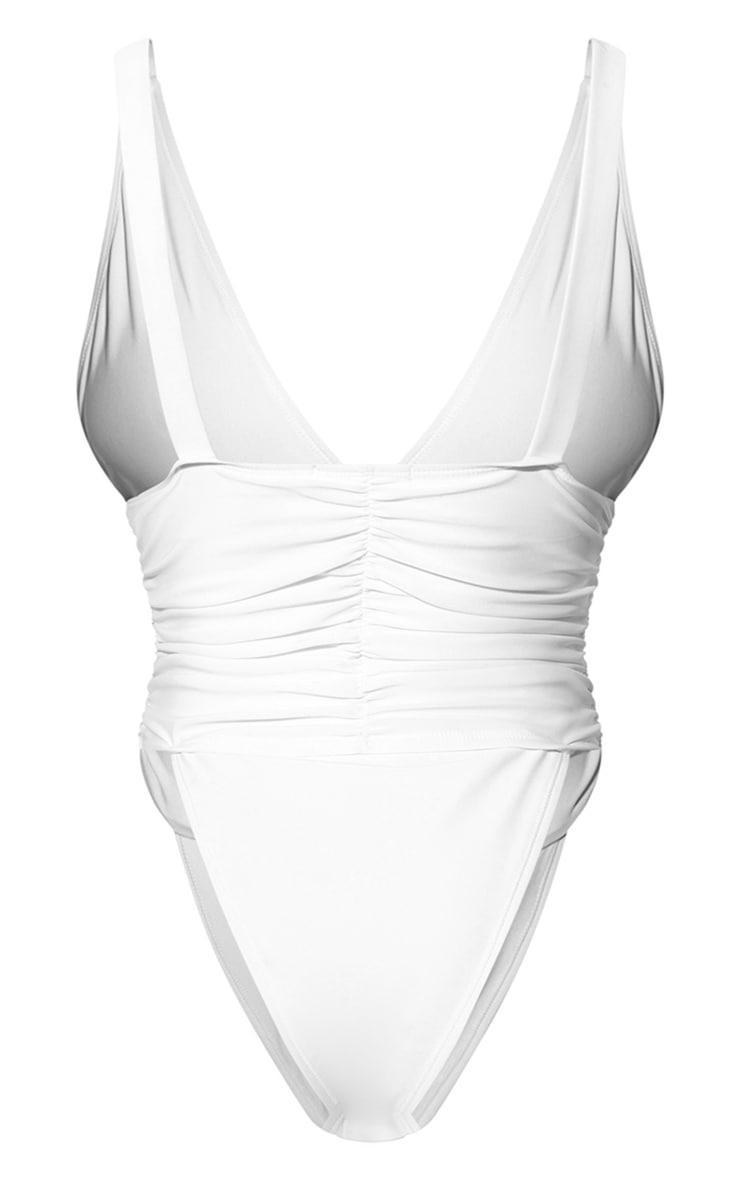 White Ruched Waist High Leg Plunge Swimsuit Product Image