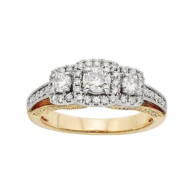 The Regal Collection IGL Certified Diamond 3-Stone Halo Two Tone Engagement Ring in 14k Gold (1 Carat T.W.), Womens White Product Image