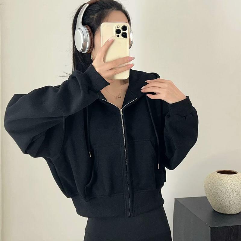 Plain Crop Zip-Up Hoodie Product Image