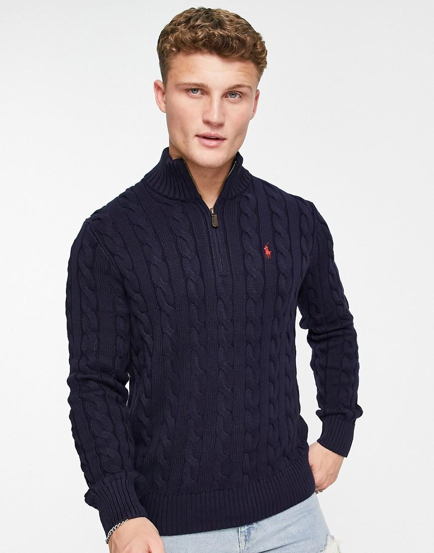 Polo Ralph Lauren icon logo half zip cotton cable knit sweater in navy product image