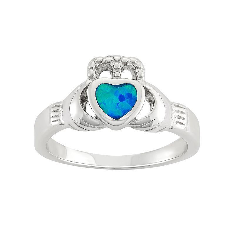 Lab-Created Blue Opal Sterling Silver Claddagh Ring, Womens Product Image