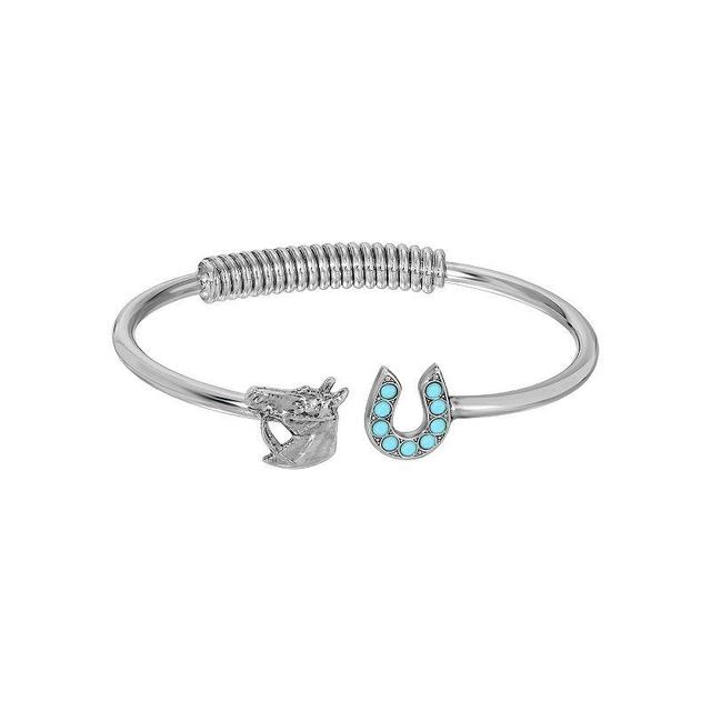 1928 Silver Tone Horse Head Crystal Horseshoe Cuff Bracelet, Womens, Turquoise Product Image