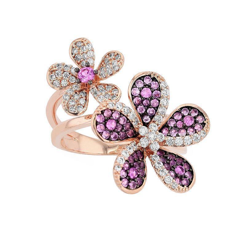 18k Rose Gold Over Silver Pink & White Cubic Zirconia Floral Ring, Womens Pink Tone Product Image